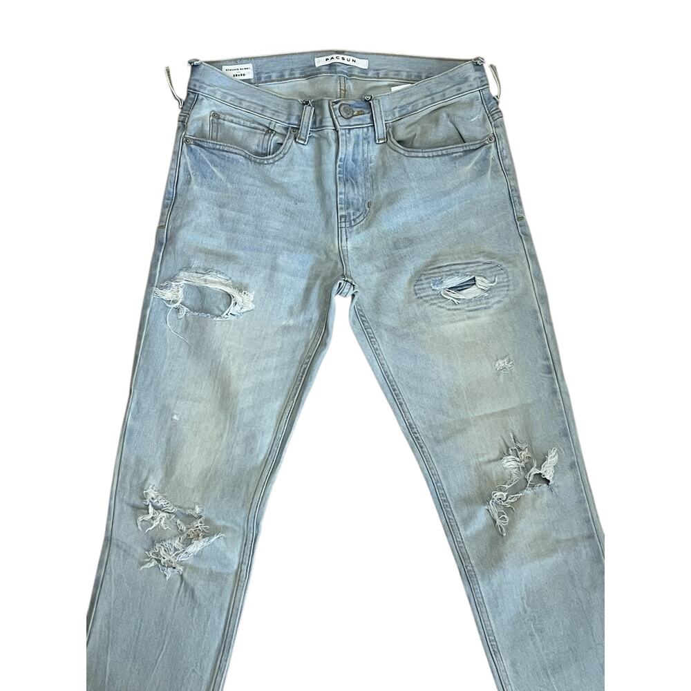 Pacsun Jeans Mens Size 28x30 Stacked Skinny Ripped cut Belt Loops Raw Hem - Picture 4 of 5